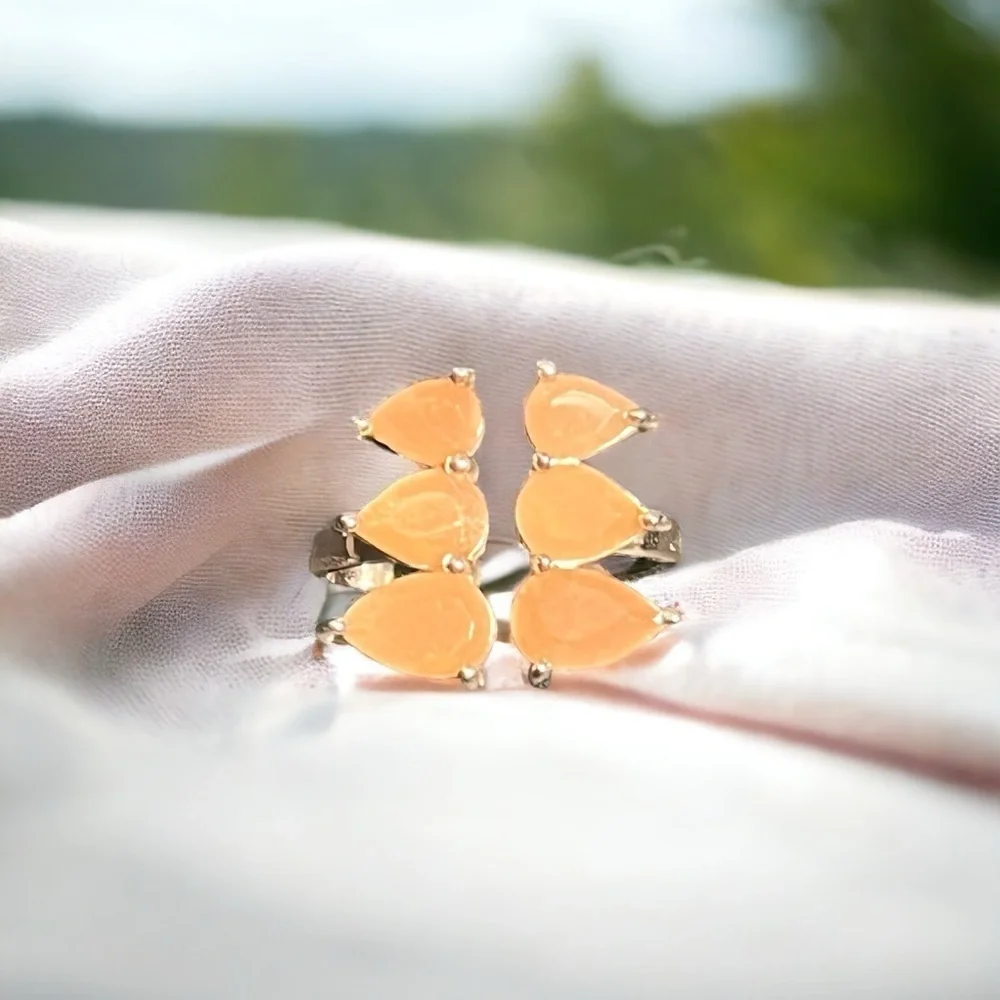 Peach Moonstone Adjustable Silver Ring